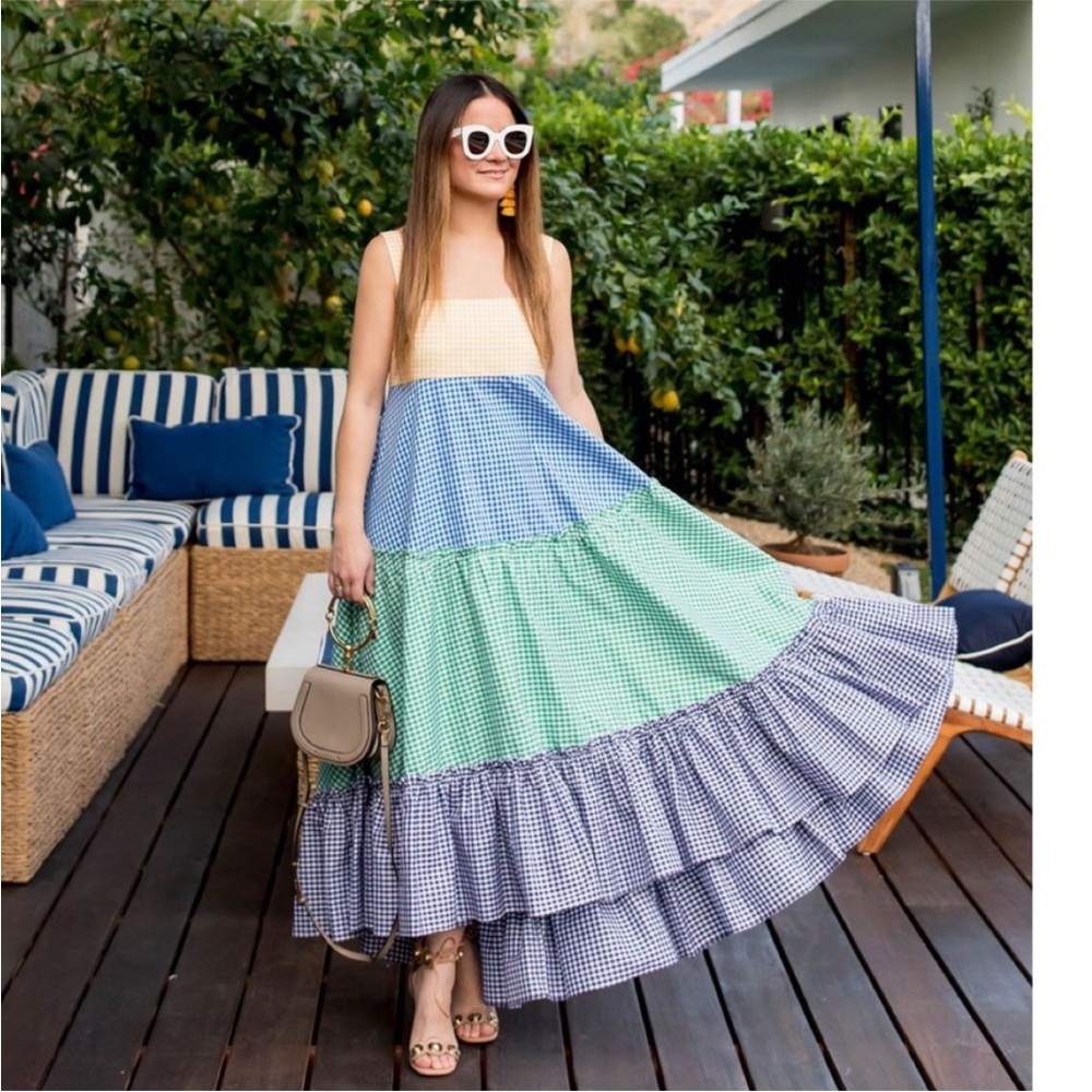 MDS Stripes Yellow Blue Green Gingham Tiered Maxi Dress 4 - Picture 13 of 16